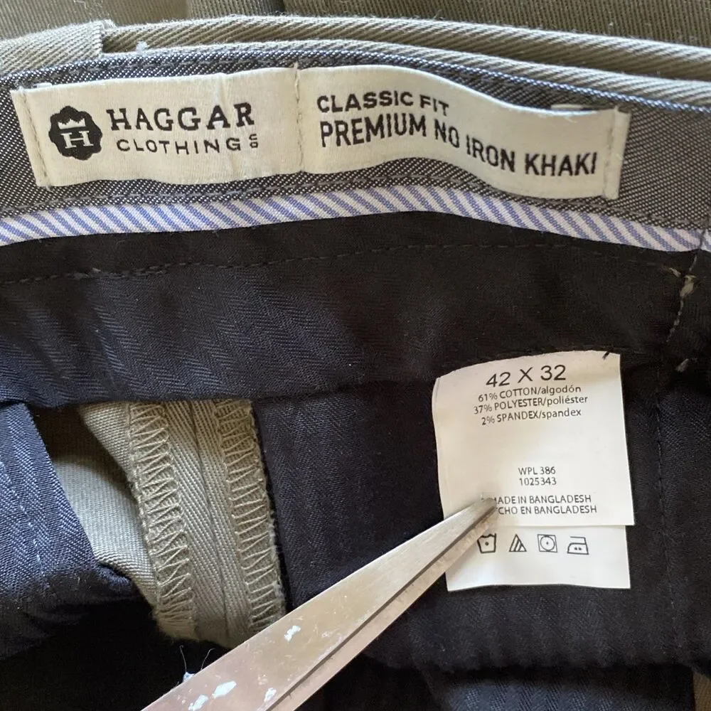 NWT Haggar Mens Brown Flat Front Classic Fit No Iron Expandable Waist 42x32
